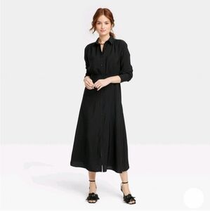 Women's Long Sleeve Collared Midi Crepe Shirtdress - A New Day Black XL